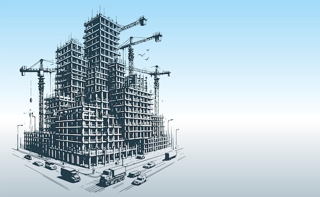 fondo azul claro con un patrón de un rascacielos de varios pisos en construcción en estilo vectorial