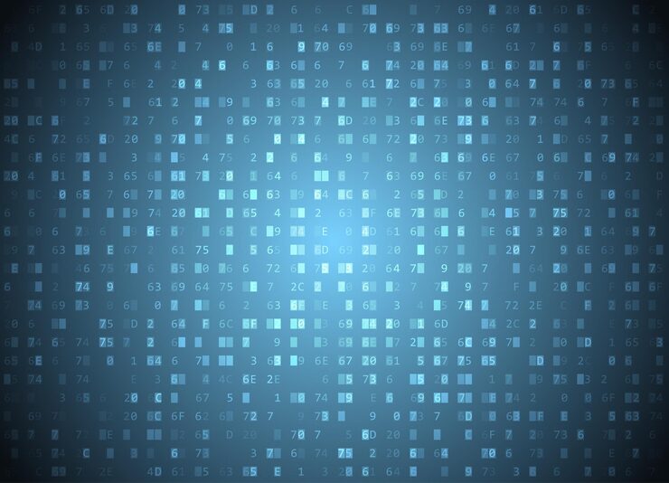 Vector fondo azul del código hexadecimal del vector. hackeo de big data y programación, descifrado y cifrado profundos, fuente de bytes de transmisión por computadora. ventana del editor hexadecimal del concepto de codificación o hacker.