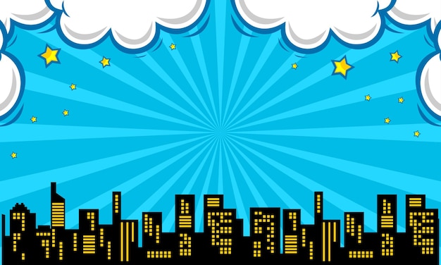 Vector fondo azul cómico con silueta de ciudad e ilustración de nubes