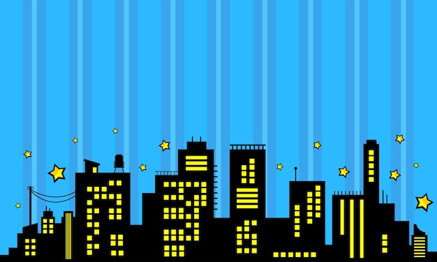 Vector fondo azul cómico con silueta de ciudad