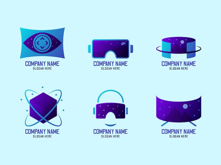 Vector un fondo azul con diferentes logotipos y el nombre de la empresa