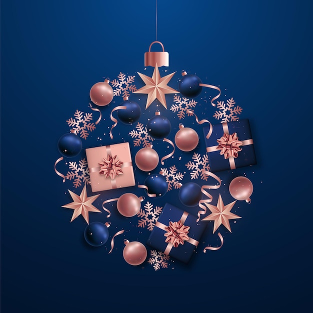 Fondo azul festivo con adornos de oro rosa