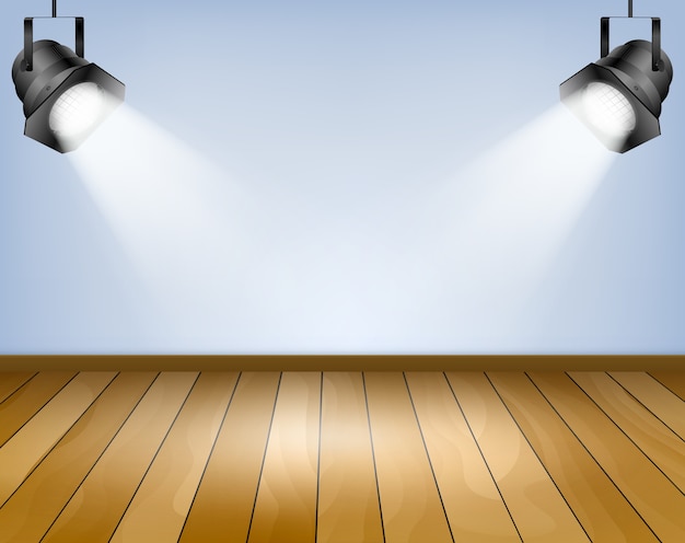 Fondo azul con focos. Estudio con piso de madera