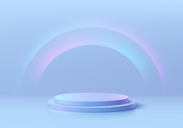 Fondo azul futurista en 3D con podio de pedestal cilíndrico realista, semicírculos que brillan con luz de neón