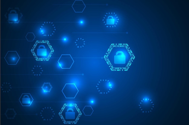 Un fondo azul con hexágonos y un candado en seguridad futurista y protección en línea