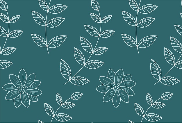 un fondo azul con hojas verdes y un diseño de flores