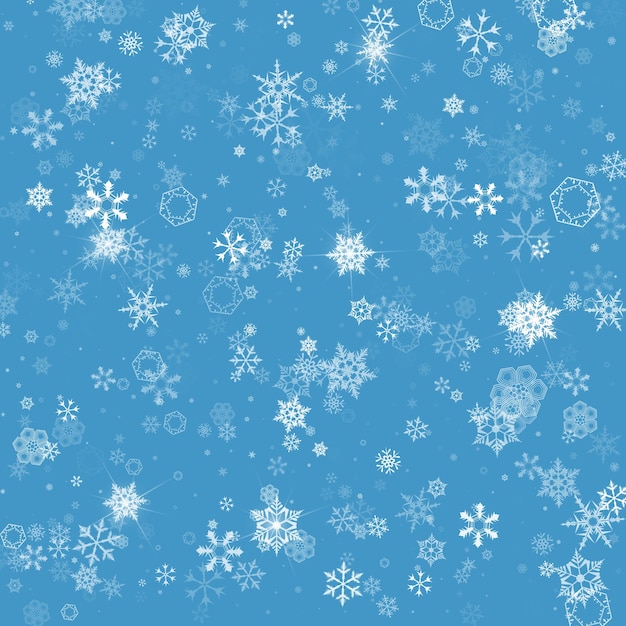 Fondo azul de invierno con copos de nieve ilustración vectorial