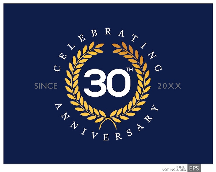 Vector un fondo azul con un logo dorado que dice celebrando 30 años.