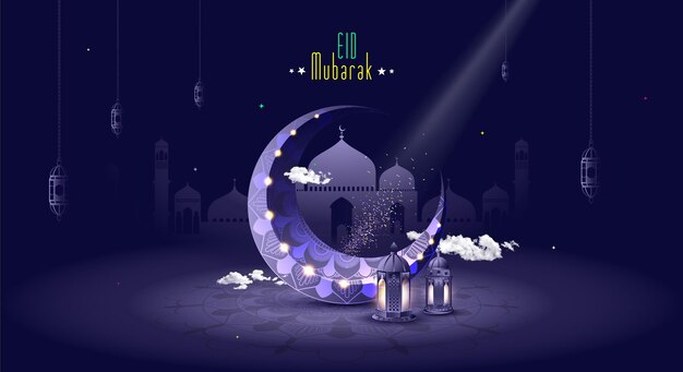 Un fondo azul con una luna creciente y las palabras eid mubarak.