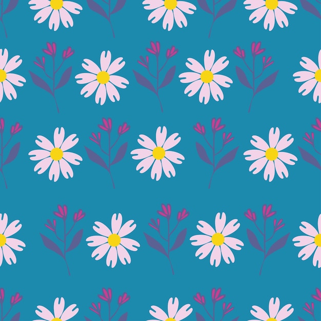 un fondo azul con margaritas y flores púrpuras