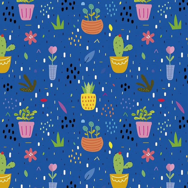 Fondo azul con muchas plantas y flores.