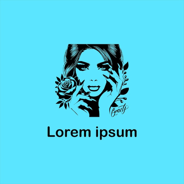 un fondo azul con una mujer con una flor en el cabello