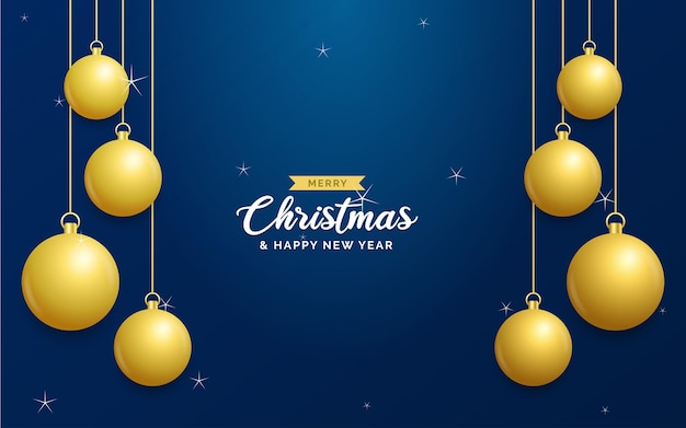 Fondo azul de Navidad con bolas doradas brillantes colgantes Tarjeta de felicitación de feliz Navidad Vacaciones de Navidad y Año Nuevo cartel banner web Ilustración vectorial