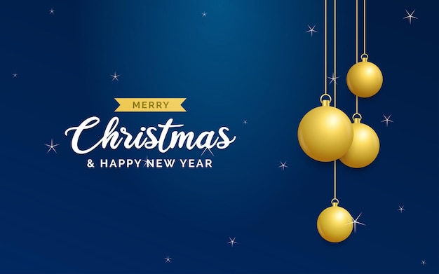 Fondo azul de Navidad con bolas doradas brillantes colgantes Tarjeta de felicitación de feliz Navidad Vacaciones de Navidad y Año Nuevo cartel banner web Ilustración vectorial