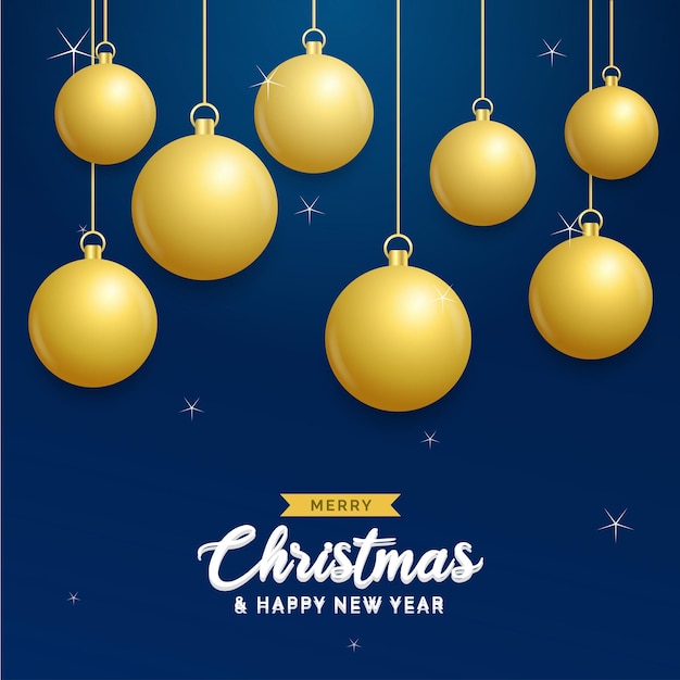 Fondo azul de Navidad con bolas doradas brillantes colgantes Tarjeta de felicitación de feliz Navidad Vacaciones de Navidad y Año Nuevo cartel banner web Ilustración vectorial