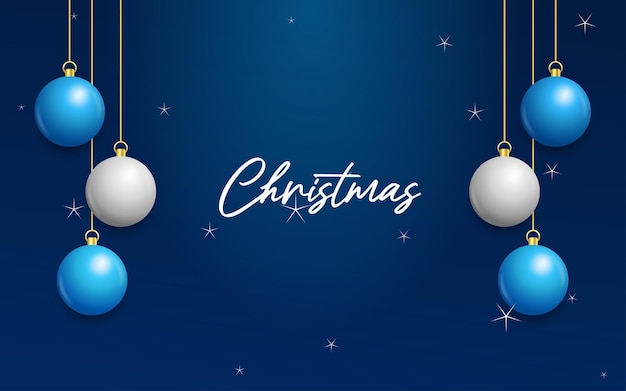 Fondo azul de Navidad con colgantes brillantes bolas blancas y plateadas Tarjeta de felicitación de Navidad Ilustración vectorial