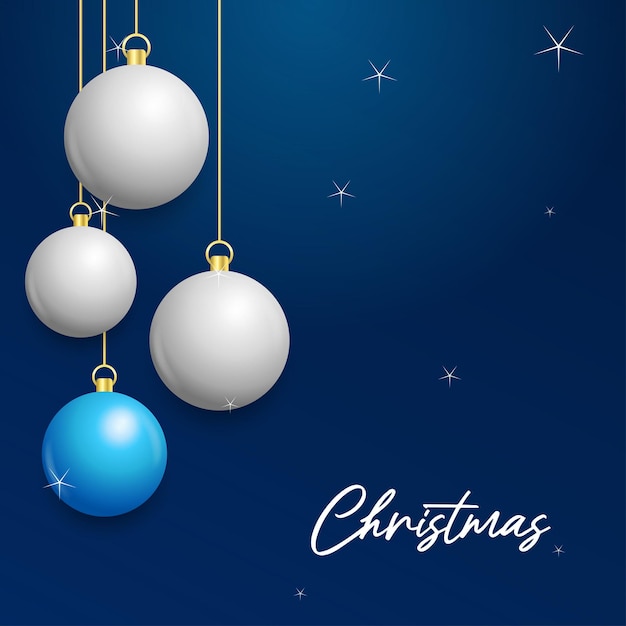 Fondo azul de Navidad con colgantes brillantes bolas blancas y plateadas Tarjeta de felicitación de Navidad Ilustración vectorial