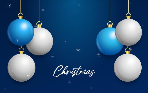 Fondo azul de Navidad con colgantes brillantes bolas blancas y plateadas Tarjeta de felicitación de Navidad Ilustración vectorial