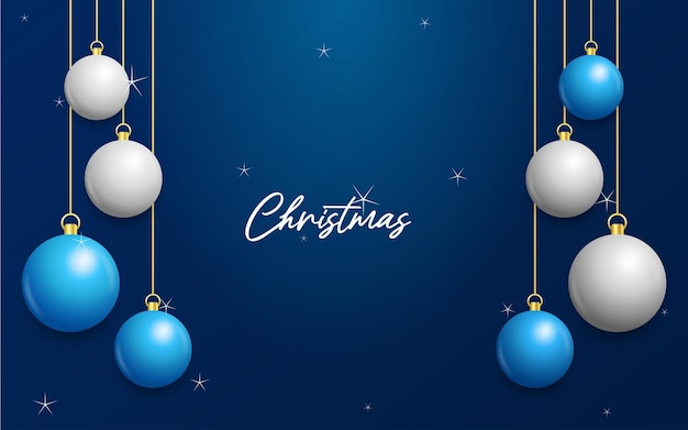 Fondo azul de Navidad con colgantes brillantes bolas blancas y plateadas Tarjeta de felicitación de Navidad Ilustración vectorial