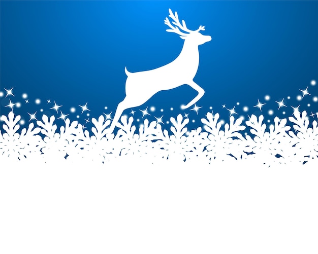 Vector fondo azul de navidad con copos de nieve y ciervos.