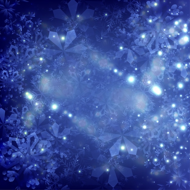 Vector fondo azul de navidad con copos de nieve y luces