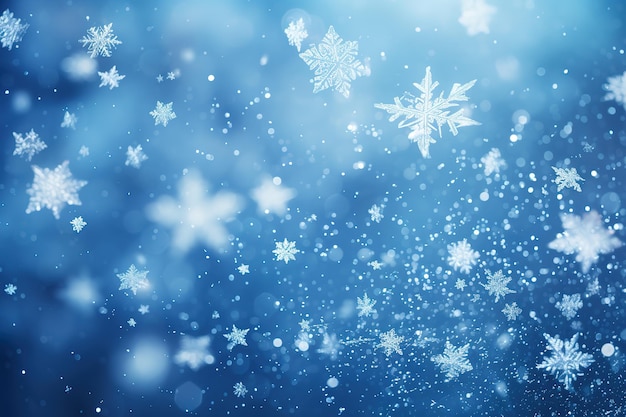Fondo azul de Navidad con copos de nieve y luces