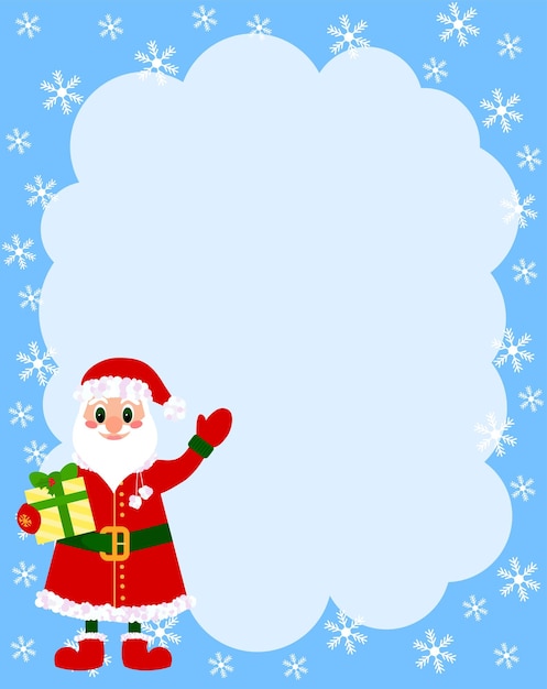Fondo azul de Navidad con marco de nubes con copos de nieve de Papá Noel