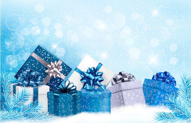Fondo azul navideño con cajas de regalo y copos de nieve.