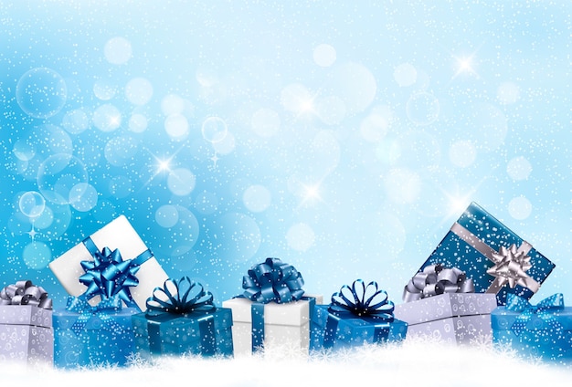 Fondo azul navideño con cajas de regalo y copos de nieve.