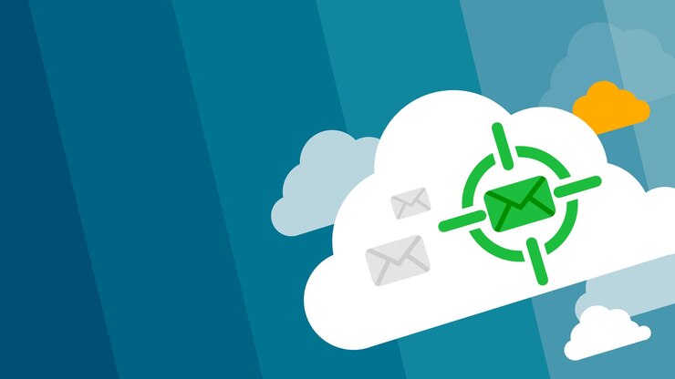 Un fondo azul con una nube con un símbolo verde que dice correo electrónico.