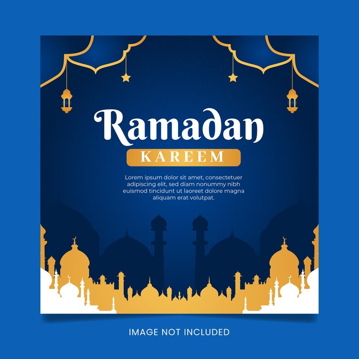 Un fondo azul y oro con un texto azul y dorado que dice Ramadan Kareem