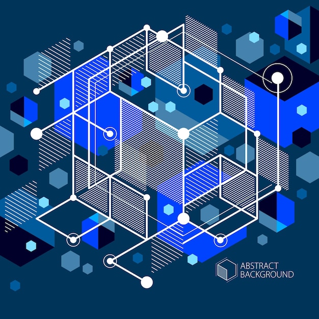 Fondo azul oscuro abstracto vector isométrico moderno con elemento geométrico. Diseño de cubos, hexágonos, cuadrados, rectángulos y diferentes elementos abstractos.