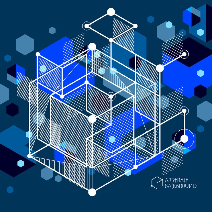 Vector fondo azul oscuro abstracto vector isométrico moderno con elemento geométrico. diseño de cubos, hexágonos, cuadrados, rectángulos y diferentes elementos abstractos.
