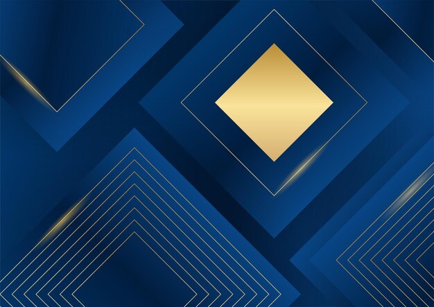 Fondo azul oscuro con elementos de línea dorados brillantes para el fondo de la presentación. Plantilla abstracta fondo premium de lujo azul oscuro con patrón geométrico de lujo y líneas de iluminación doradas