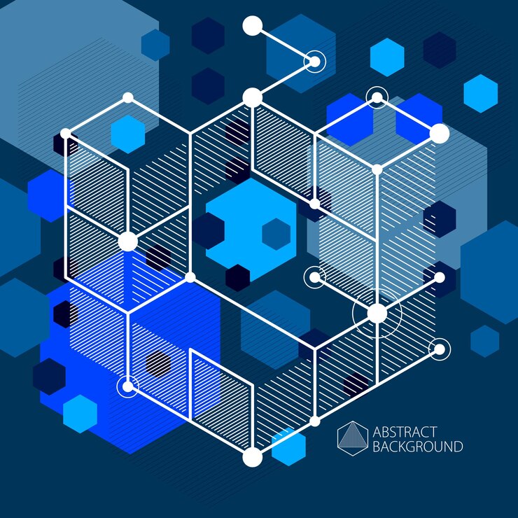 Vector fondo azul oscuro isométrico geométrico vectorial abstracto. esquema mecánico, dibujo de ingeniería vectorial con piezas de mecanismo geométrico y cubo.