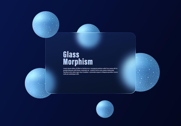 Fondo azul oscuro con partición transparente y esferas flotantes en estilo de morfismo de vidrio