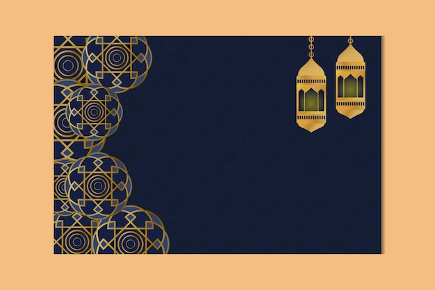 Vector fondo azul oscuro con tema de flores y farolillos de patrón islámico