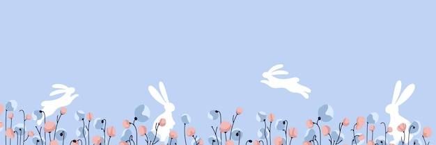 Fondo azul de Pascua con flores de primavera y siluetas de conejos Fondo de primavera y Pascua