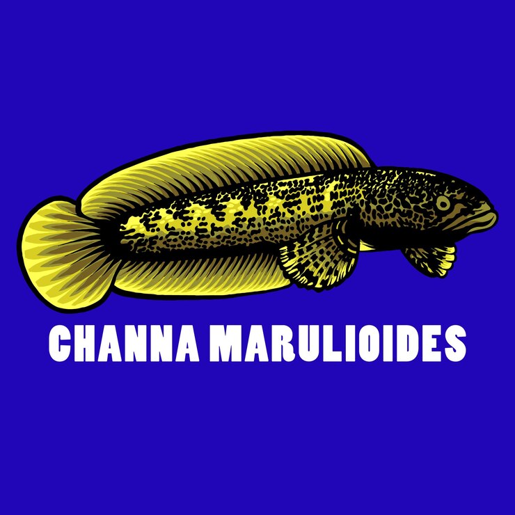 Vector un fondo azul con un pez que dice channa maritimoides.