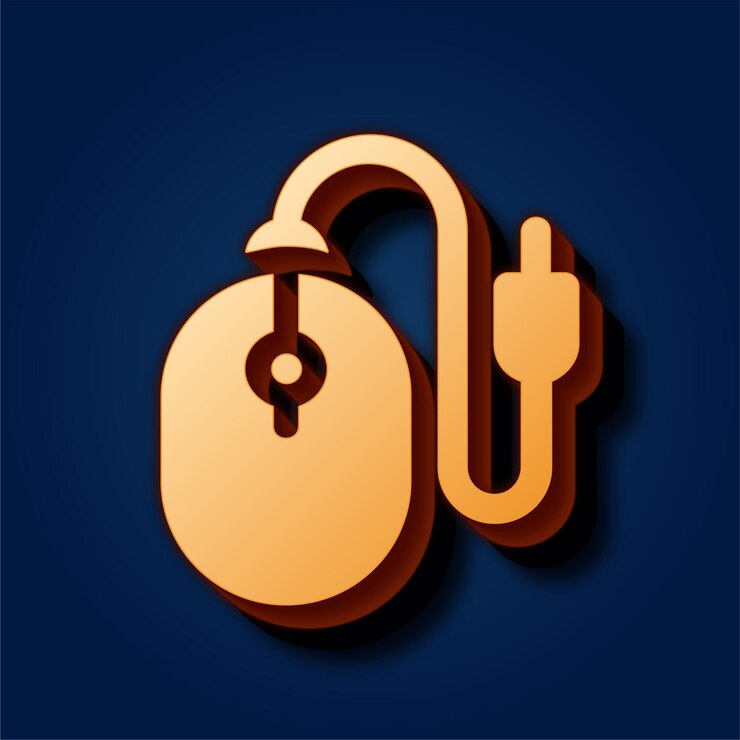 Vector fondo azul rico premium con un sofisticado ratón dorado y un icono de alambre
