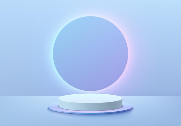 Fondo azul rosado 3D futurista con podio de pedestal cilíndrico Anillo de círculos luz de neón brillante