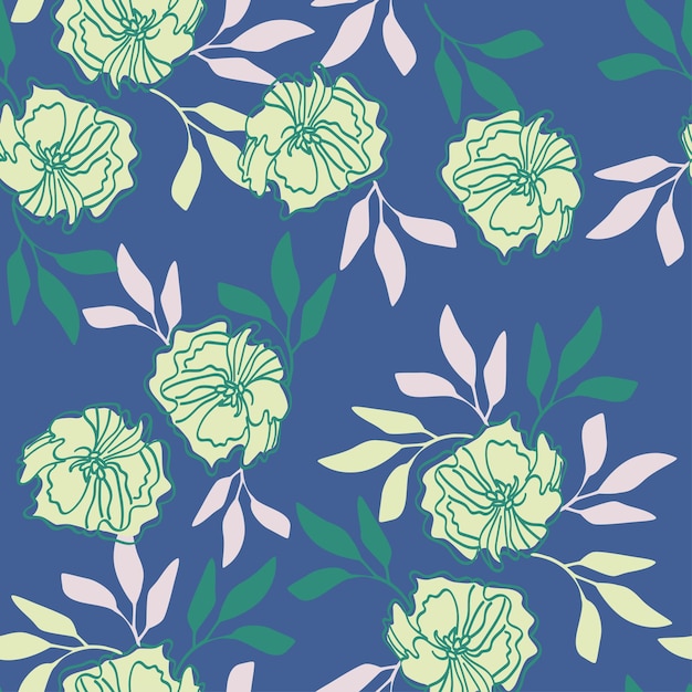 un fondo azul con rosas amarillas y hojas verdes