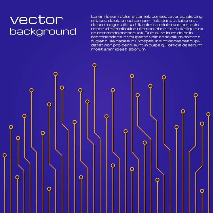 Vector fondo azul tecnológico abstracto con elementos amarillos del microchip. textura de fondo de la placa de circuito. ilustración vectorial.