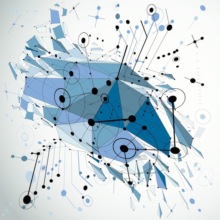 Vector fondo azul vectorial geométrico bauhaus 3d con objeto demolido abstracto de baja poli creado a partir de círculos y líneas conectadas. lo mejor para usar como póster publicitario o diseño de pancartas.