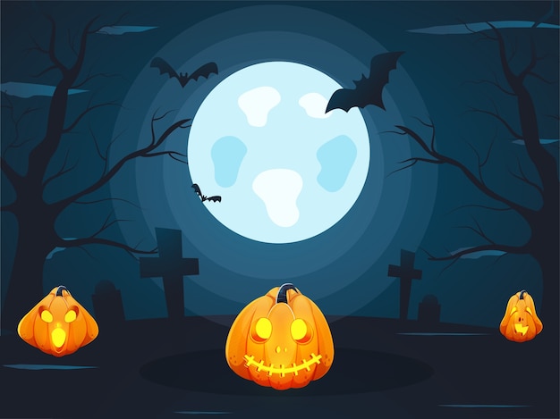 Fondo azul verde azulado de luna llena con árboles desnudos, murciélagos voladores, cruz de cementerio y linternas de Jack-O para la fiesta de Halloween.