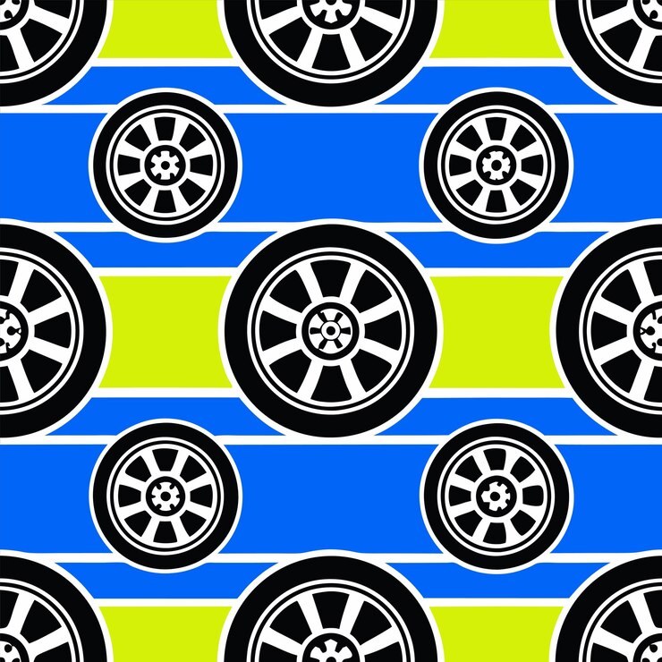 Vector un fondo azul y verde con un neumático de coche en el medio