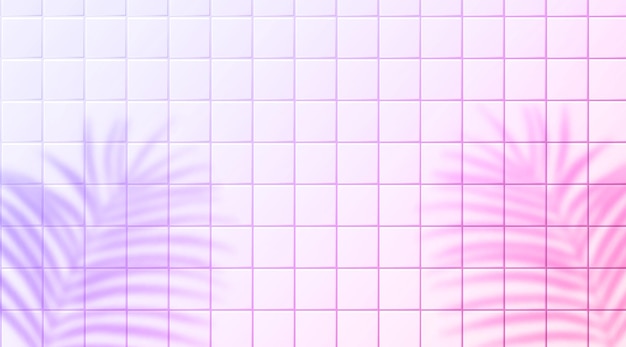 Fondo de azulejos de cerámica rosa y violeta con superposición de sombra de hojas tropicales. Hermoso telón de fondo de luz pastel horizontal con copyspace.