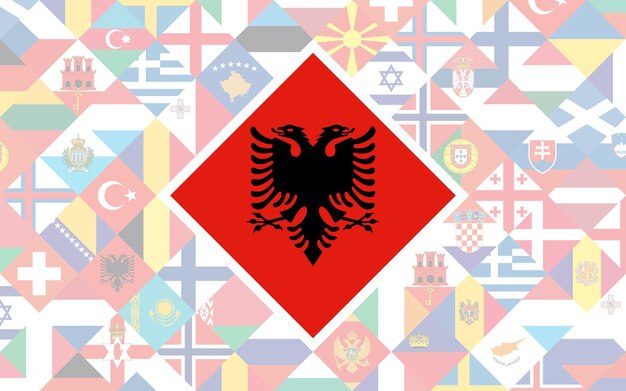 Fondo de bandera de países europeos con gran bandera de albania en el centro de competición de fútbol.