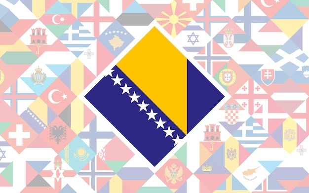 Fondo de bandera de países europeos con gran bandera de bosnia y herzegovina en el centro de competición de fútbol.