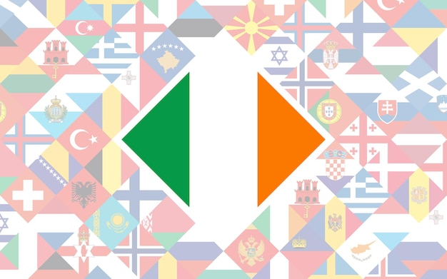 Fondo de bandera de países europeos con gran bandera de irlanda en el centro de competición de fútbol.